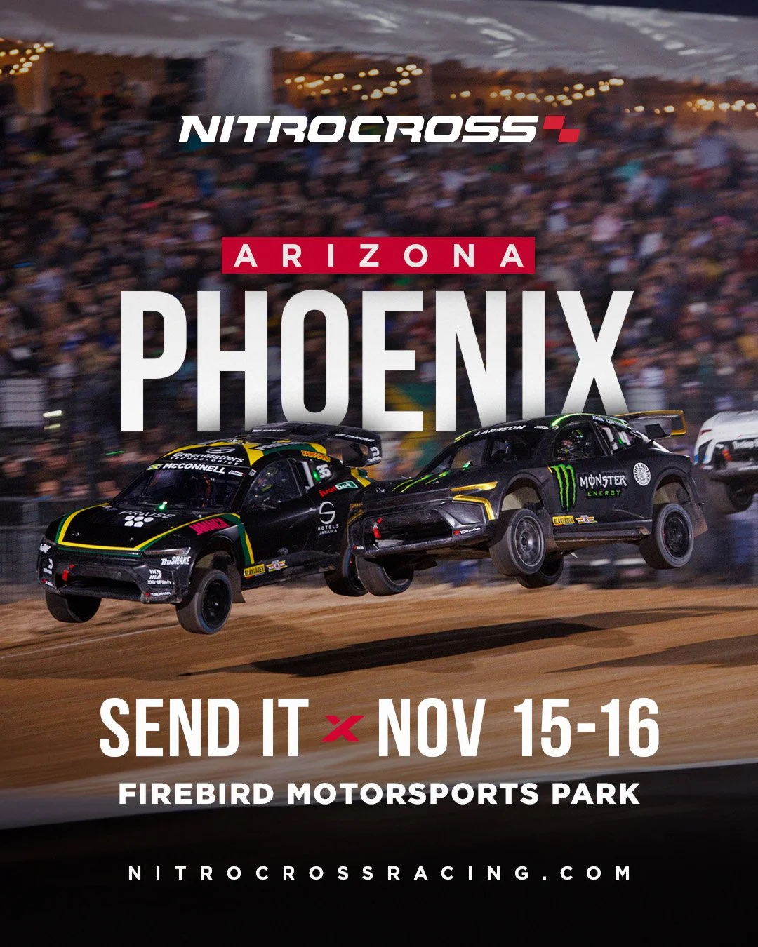 Promotional poster for Nitro Cross racing event in Phoenix, Arizona, featuring two off-road style race cars mid-air on dirt track, with event dates November 15-16 and location at Firebird Motorsports Park.