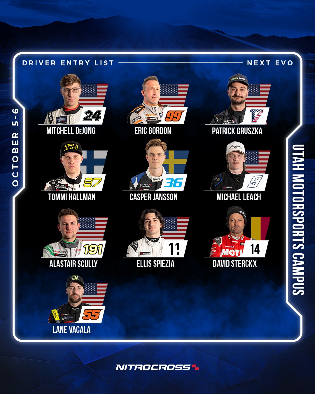 Driver lineup for Utah Motorsports Campus on October 5-6, including Mitchell DeJong, Eric Gordon, Patrick Gruszka, Tommi Hallman, Casper Jansson, Michael Leach, Alastair Scully, Ellis Spieza, David Sterckx, and Lane Vacala.