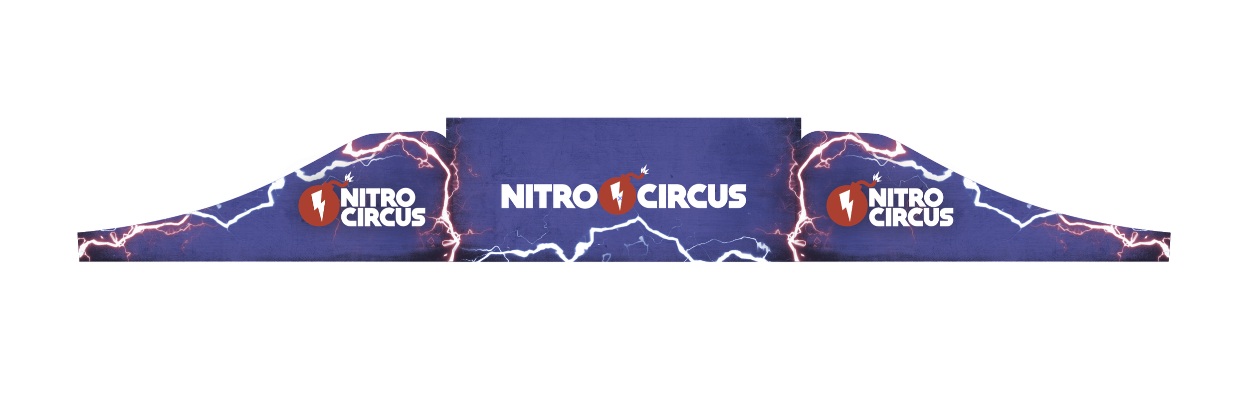 A graphic design featuring the Nitro Circus logo with a lightning storm background in blue, red, and white colors.