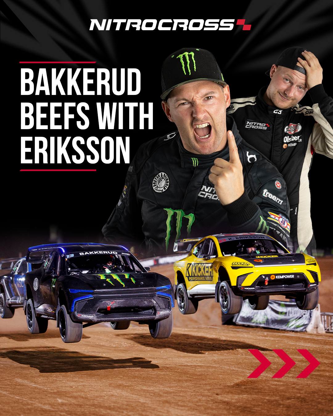 Motorsports event featuring Bakkerud and Eriksson, with racing cars on dirt track, two drivers in racing suits giving victory signs, and dynamic action shot at night.