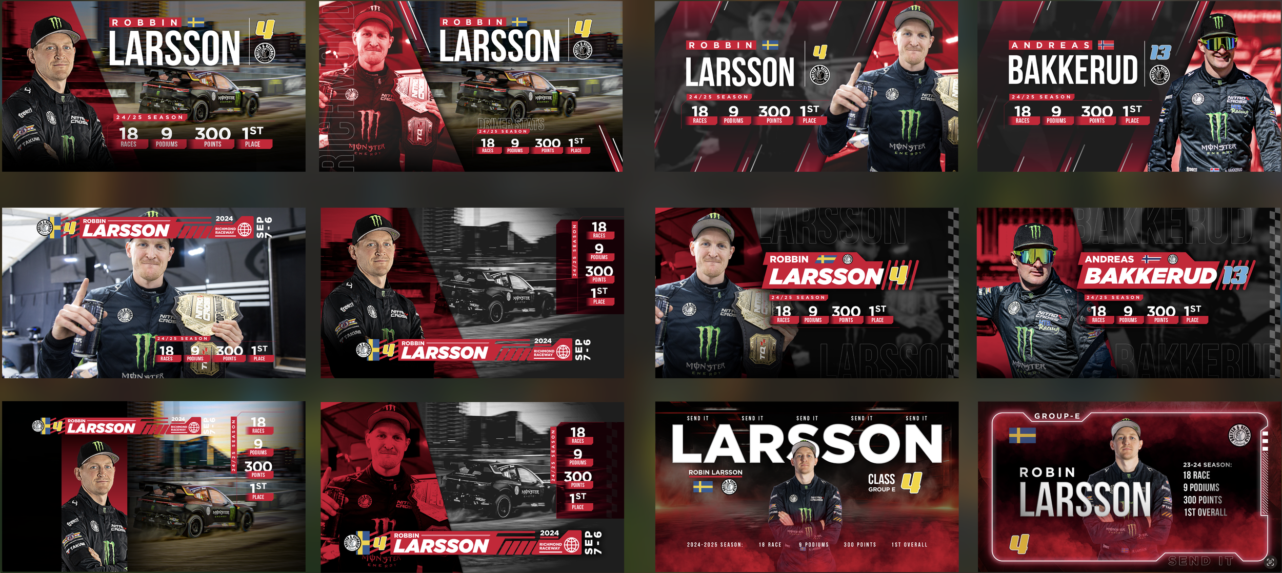 Screenshots of racing driver Robin Larsson and Andreas Bakkerrud from a motorsport event, featuring their stats, images, and sponsorship logos, with red and black backgrounds and racing-related graphics.