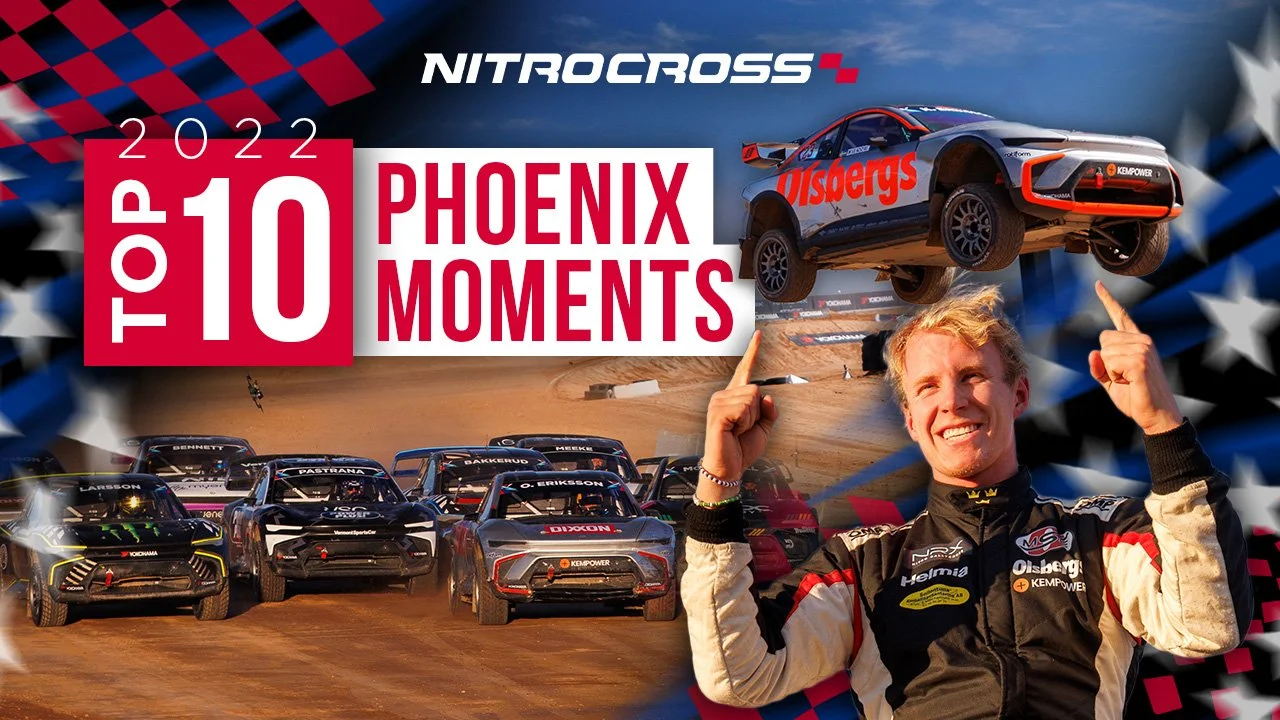 A promotional image celebrating the top 10 moments of the 2022 Nitro Cross Phoenix race. It features a dirt track with racing vehicles, a person in racing gear pointing upwards, a car mid-air, and a background decorated with an American flag theme.