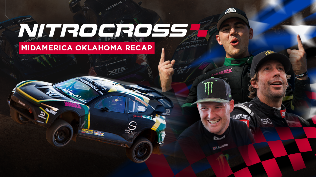 Image from NitroCross MidAmerica Oklahoma Recap showing a NitroCross race car flying through the air and three race drivers celebrating.