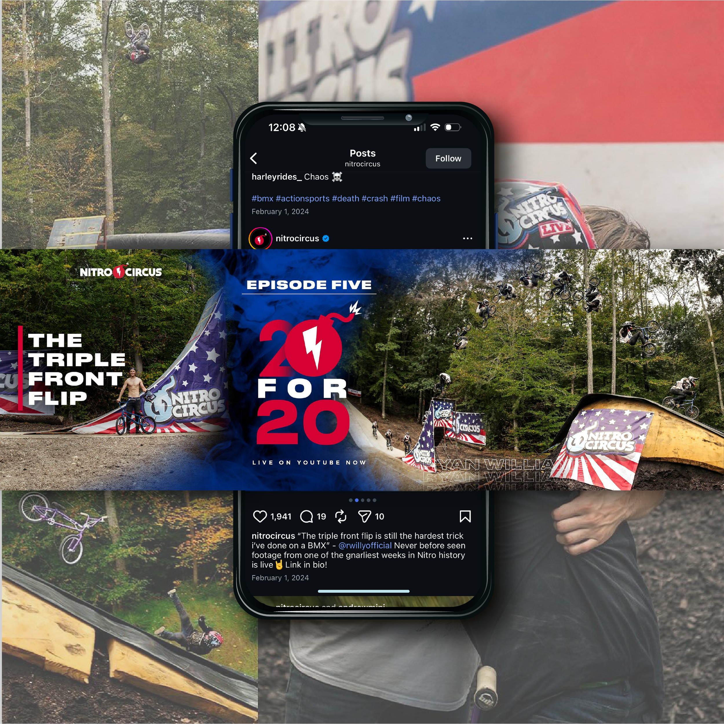 A collage of images featuring mountain biking stunts at Nitro Circus, including a rider performing a triple front flip, a BMX flyer mid-air, and a video post on a mobile phone showcasing Nitro Circus promotional content.