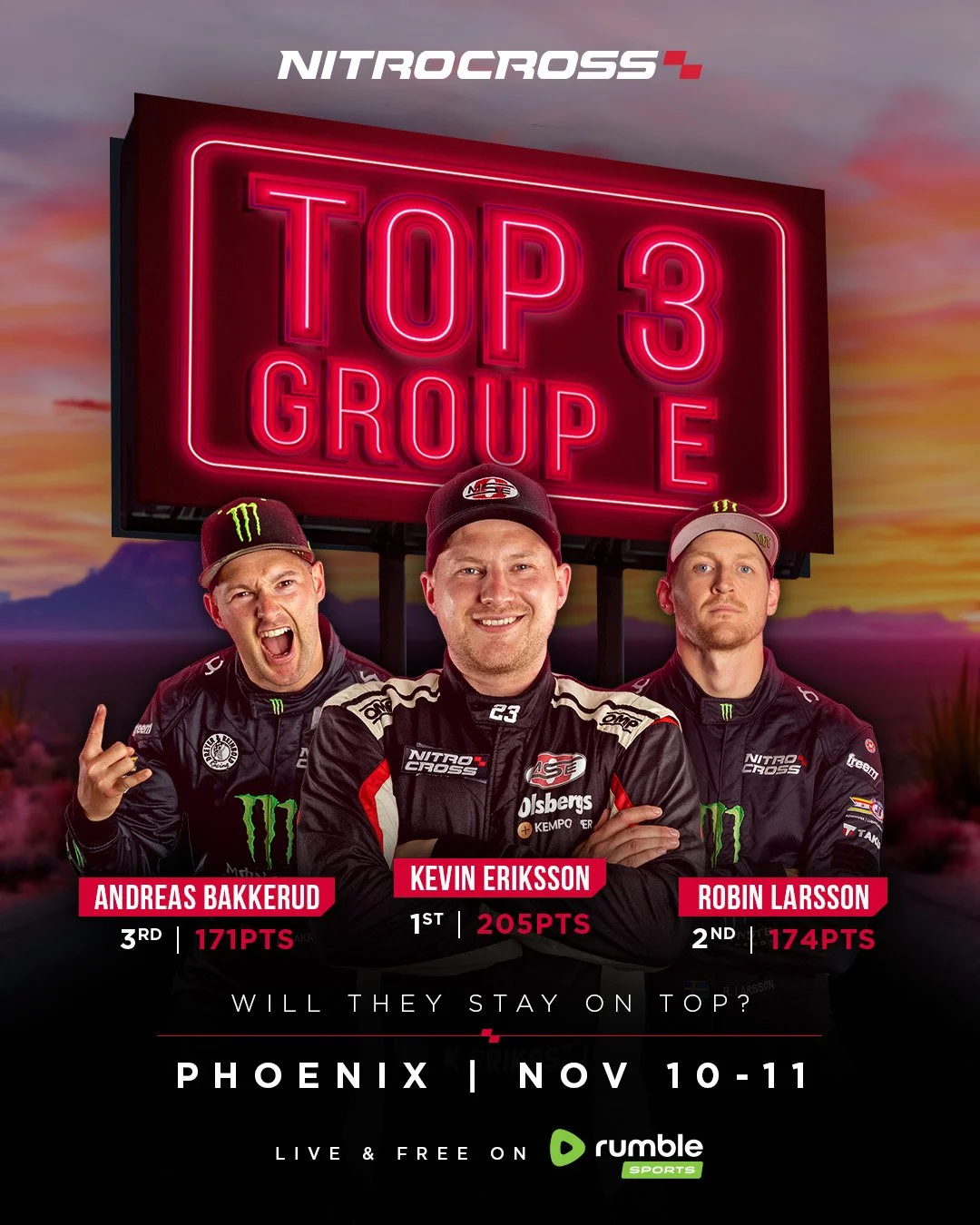 Poster advertising NitroCross top 3 group standings at Phoenix event, November 10-11, featuring drivers Andreas Bakkerud, Kevin Eriksson, and Robin Larsson with points and positions, with a sunset background.