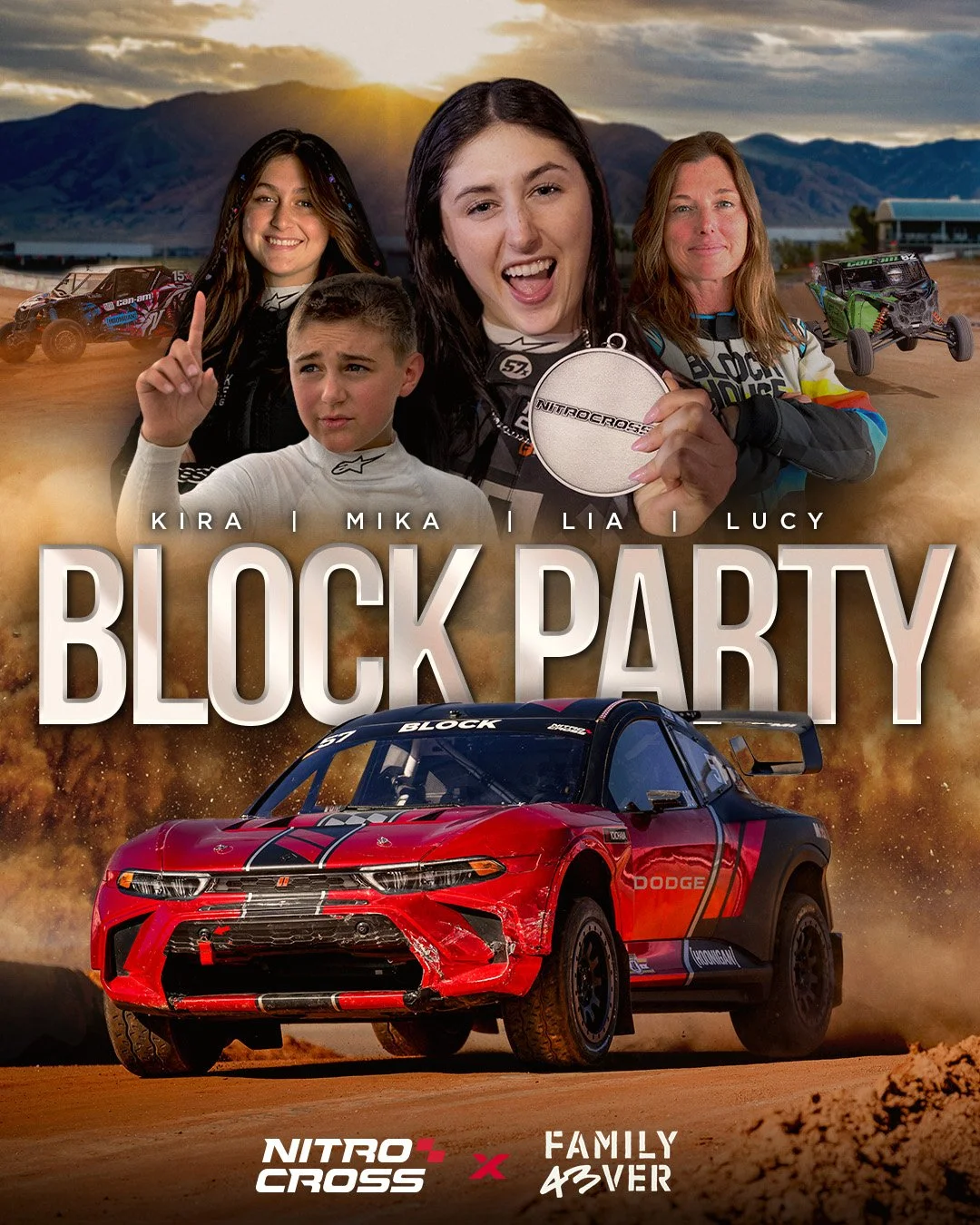 Movie poster for 'Block Party' featuring five smiling racers, a red Dodge car kicking up dust on a dirt track, and a sunset over mountains in the background.