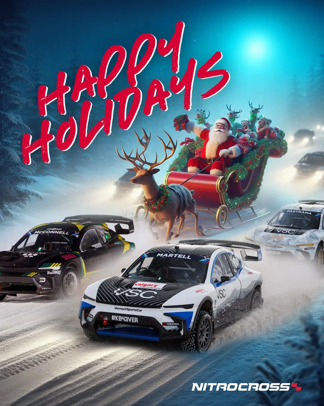 Santa Claus riding in a sleigh pulled by a reindeer, flying over a snowy forest. The sleigh is filled with gifts and animated characters dressed as reindeer. Below, three racing cars speed on a snowy track. The text 'Happy Holidays' is written in red