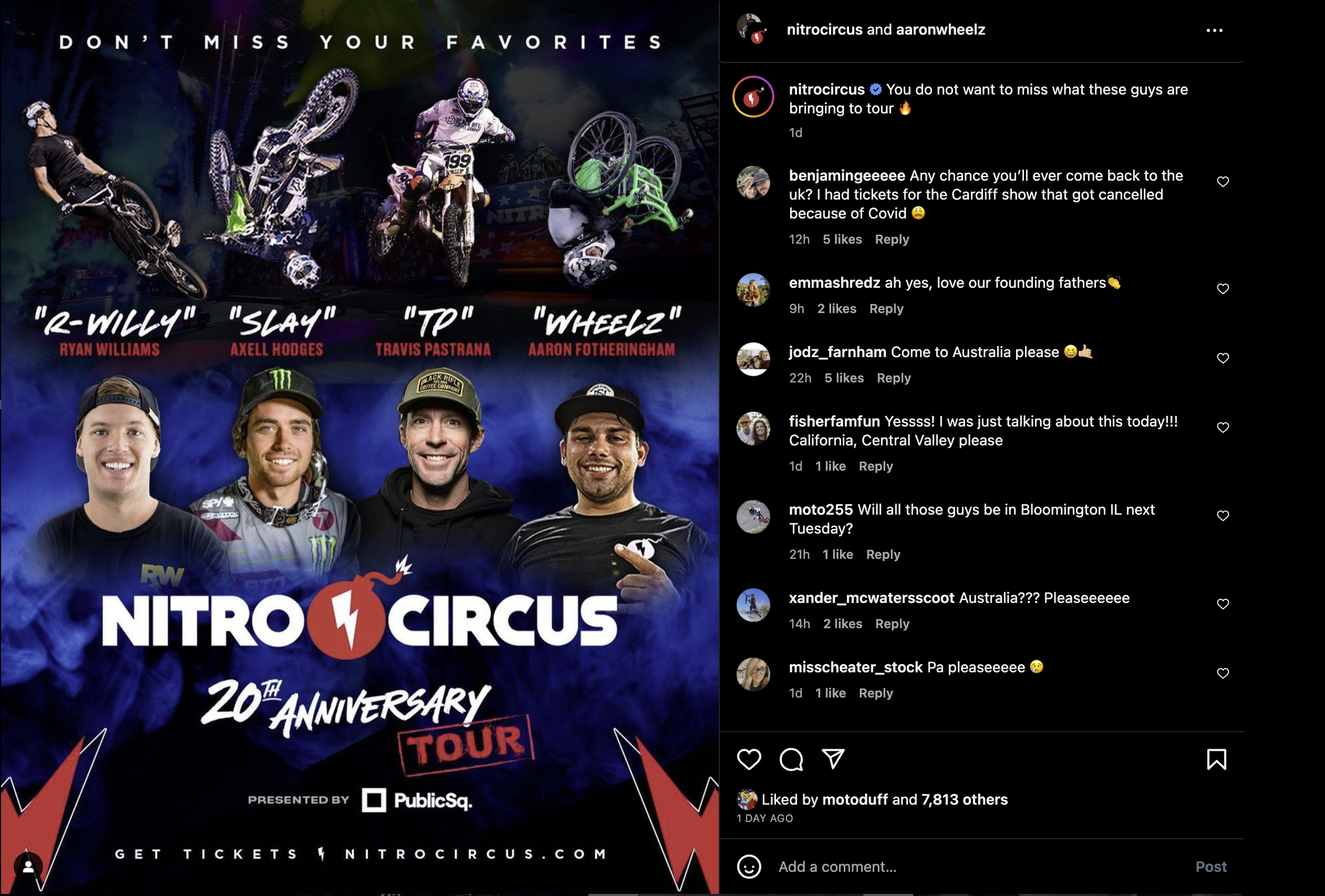 Promotional poster for Nitro Circus 20th anniversary tour, featuring images of motocross riders performing tricks, with headshots of four male riders and text highlighting their nicknames and names: R-Willy Ryan Williams, Slay Axell Hodges, TP Travis Pastrana, Wheelz Aaron Fotheringham. The poster includes the Nitro Circus logo and details about the tour presented by PublicSq.