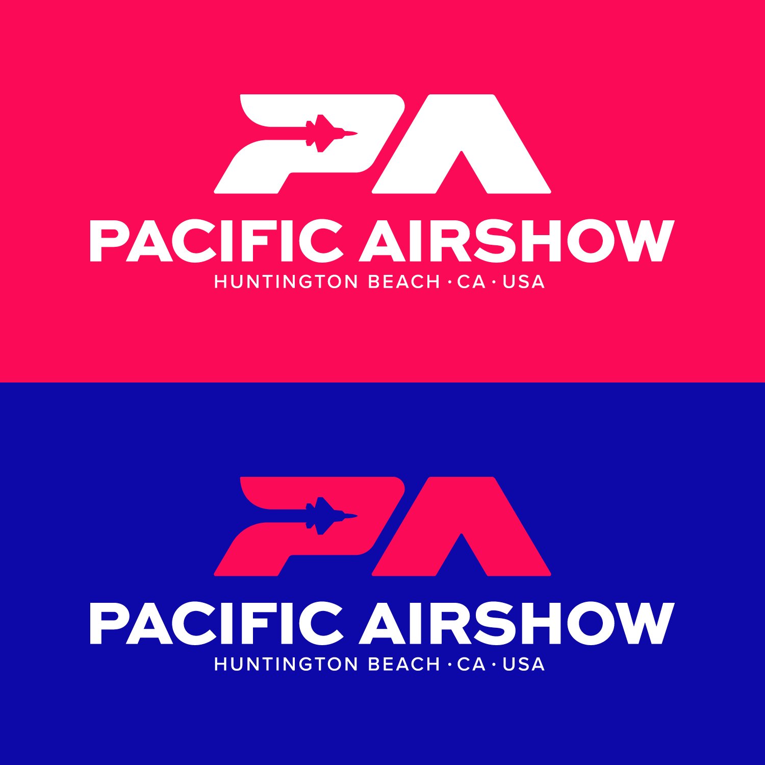Two promotional graphics for the Pacific Airshow, one with a pink background and the other with a blue background, both featuring the event's logo with a stylized jet and the text 'PACIFIC AIRSHOW' and 'HUNTINGTON BEACH, CA, USA'.