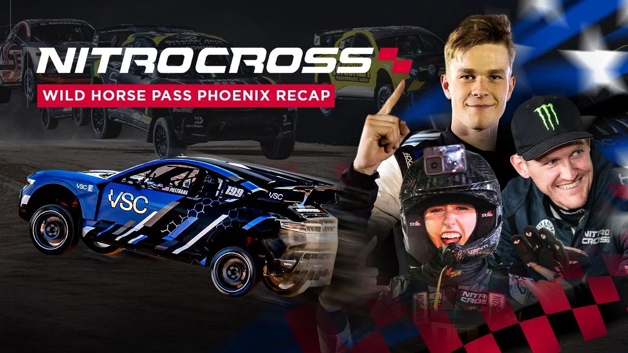 A race car on a dirt track with a person in racing gear and helmet, and two smiling men in racing suits, with cars in the background, promoting NitroCross Wild Horse Pass Phoenix recap.