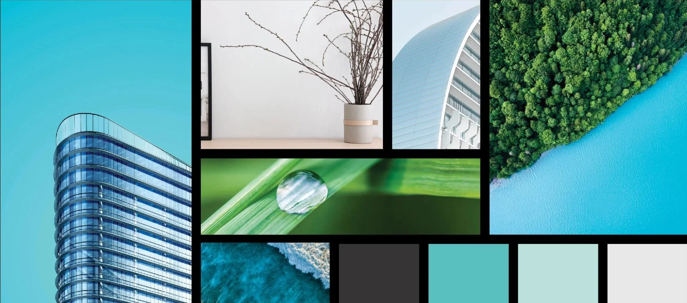 Collage of images including a modern glass building, a minimalist interior with a leafless plant in a pot, a blue curved architectural structure, a forested area with a body of water, a close-up of a dew drop on green grass, and an aerial view of the ocean.