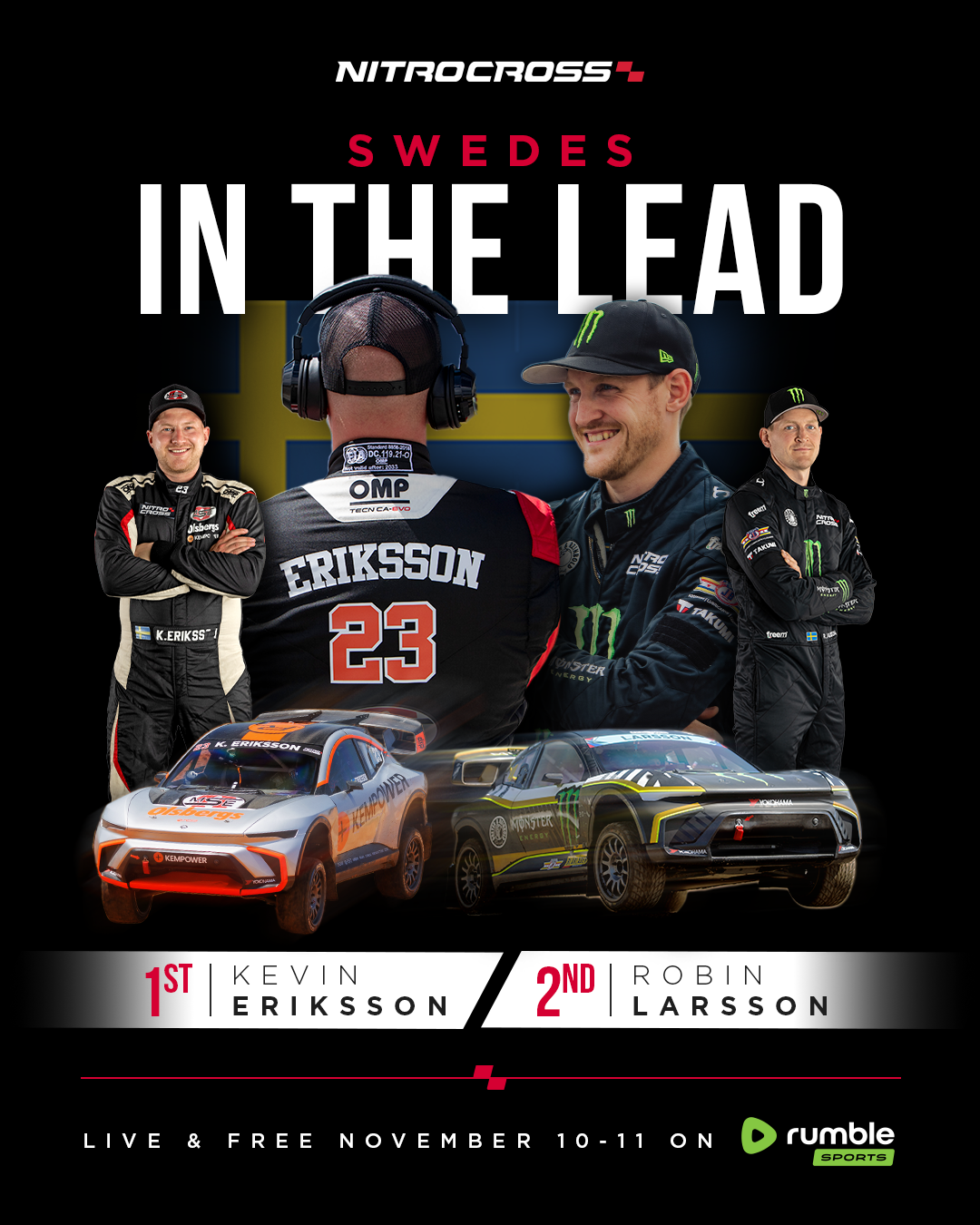Nitrocross racing event poster featuring Swedish drivers Kevin Eriksson and Robin Larsson, with their race cars, images of Eriksson and Larsson in racing suits, and the Finnish flag in the background. The event is live and free on Rumbl Sports on Nov