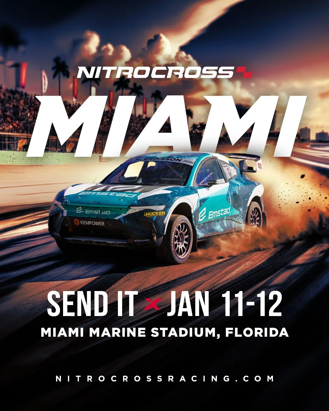 Promotional poster for Nitro Cross racing event featuring a blue and white race car on a dirt track with smoke, palm trees, and a sunset sky in the background. Text includes event name, location, date, and website.