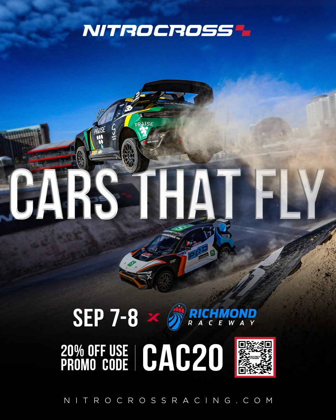 Two cars racing on a dirt track at Richmond Raceway, with one airborne. The event is Nitro Cross, occurring on September 7-8, with a 20% discount promo code CAC20, and a QR code for more info.