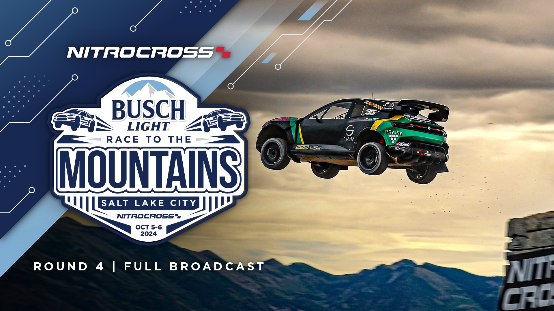 A rally car in mid-air jump against a mountain landscape during the Busch Light Race to the Mountains at Salt Lake City, October 5-6, 2024.