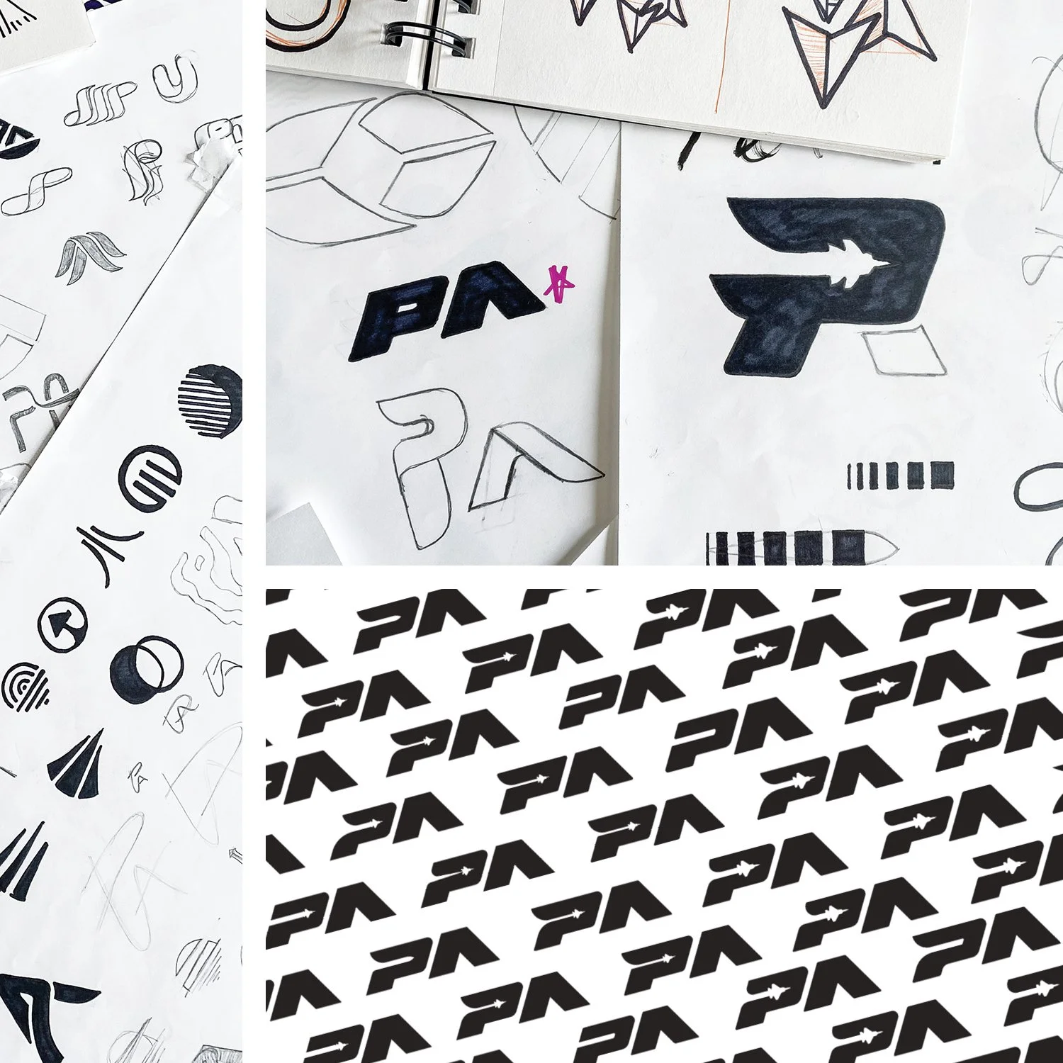 A collage of sketches and logos, including stylized 'PA' logos, geometric designs, black and white patterned repeats, and various abstract drawings on paper.