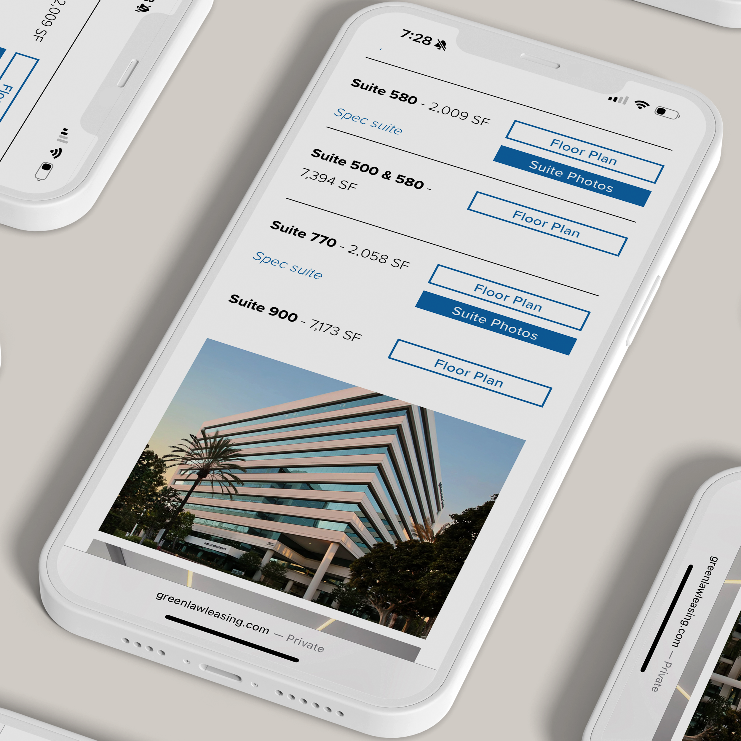 Smartphone screen displaying a list of suites with floor plans and photos, featuring an image of a modern office building with palm trees in front.