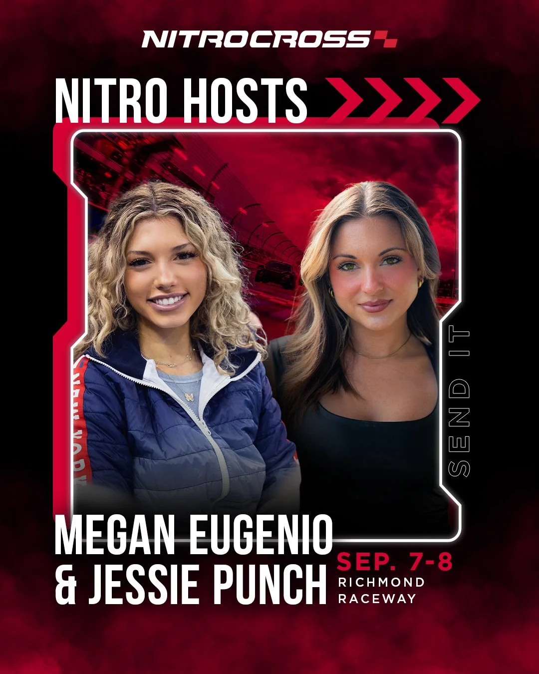 Promotional poster for NitroCross race event featuring two women, Megan Eugenio and Jessie Punch, at Richmond Raceway on September 7-8, with racing track background and event details.