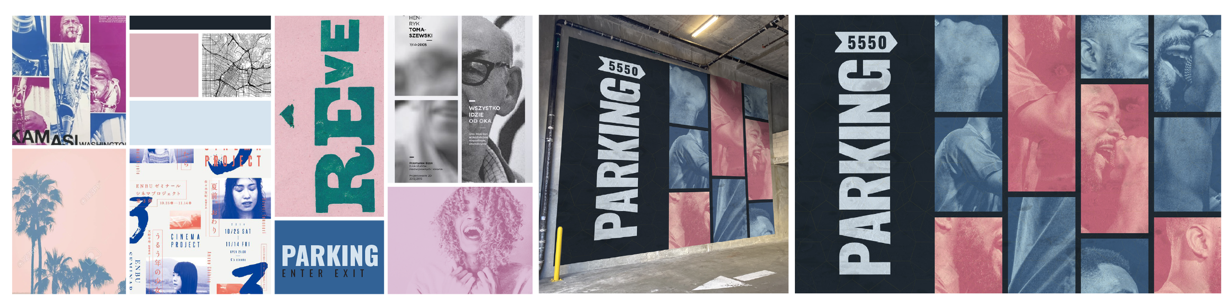 Collection of various posters and murals, including parking signs, images of people, and graphic designs displayed on walls and panels.