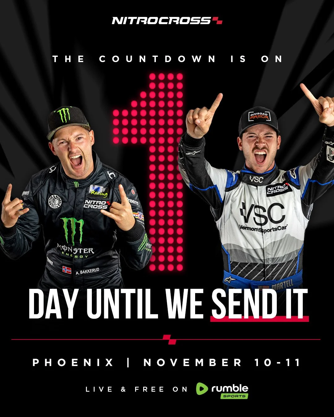 Promotional poster for NitroCross 1 race, featuring two race car drivers in racing suits, with a digital countdown display showing the number 1, and text indicating the event in Phoenix on November 10-11, live and free on Rumble Sports.