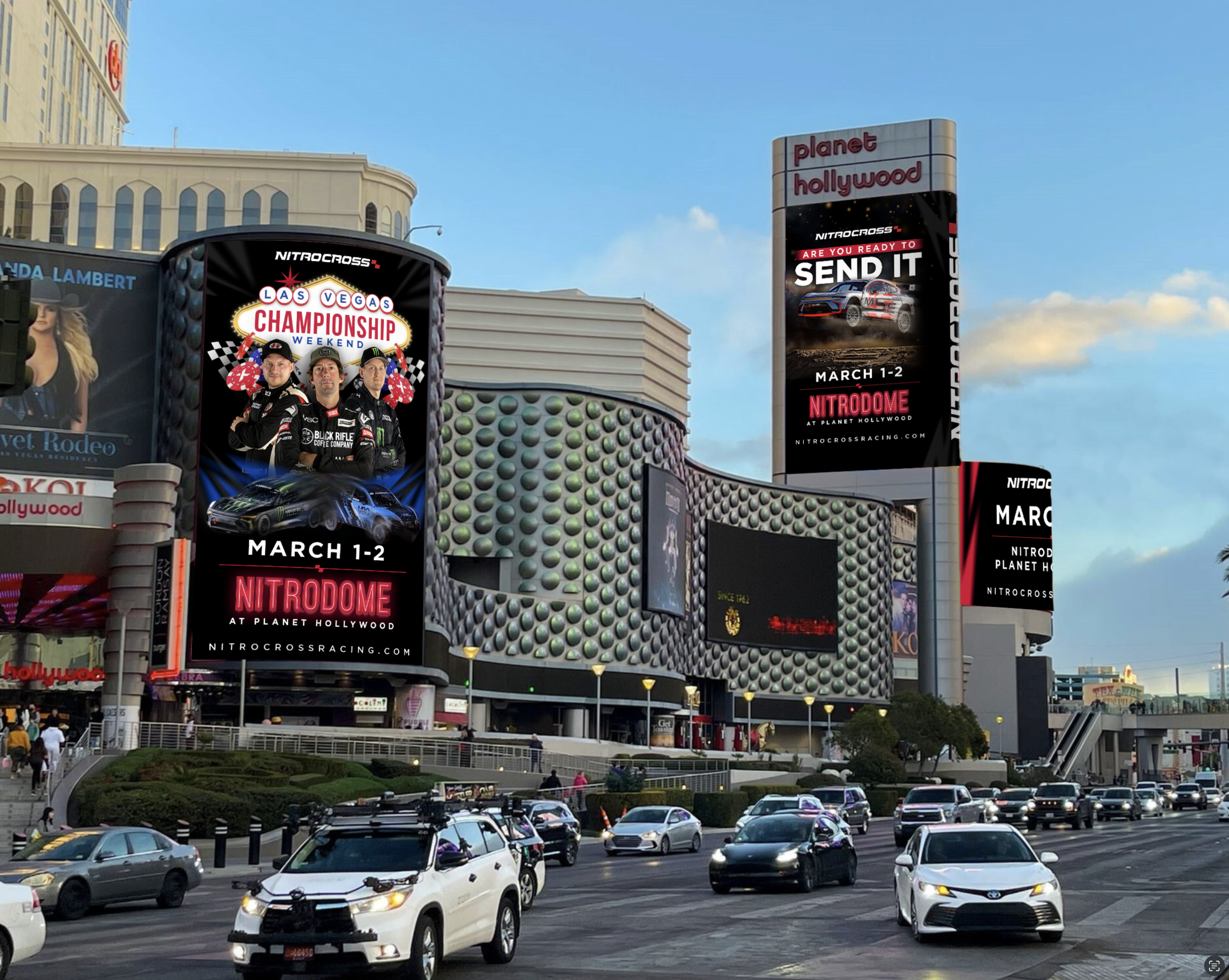 Digital billboards on the Las Vegas Strip advertising an upcoming Nitro Cross race event at Planet Hollywood's Nitrodome on March 1-2, featuring race cars and drivers.