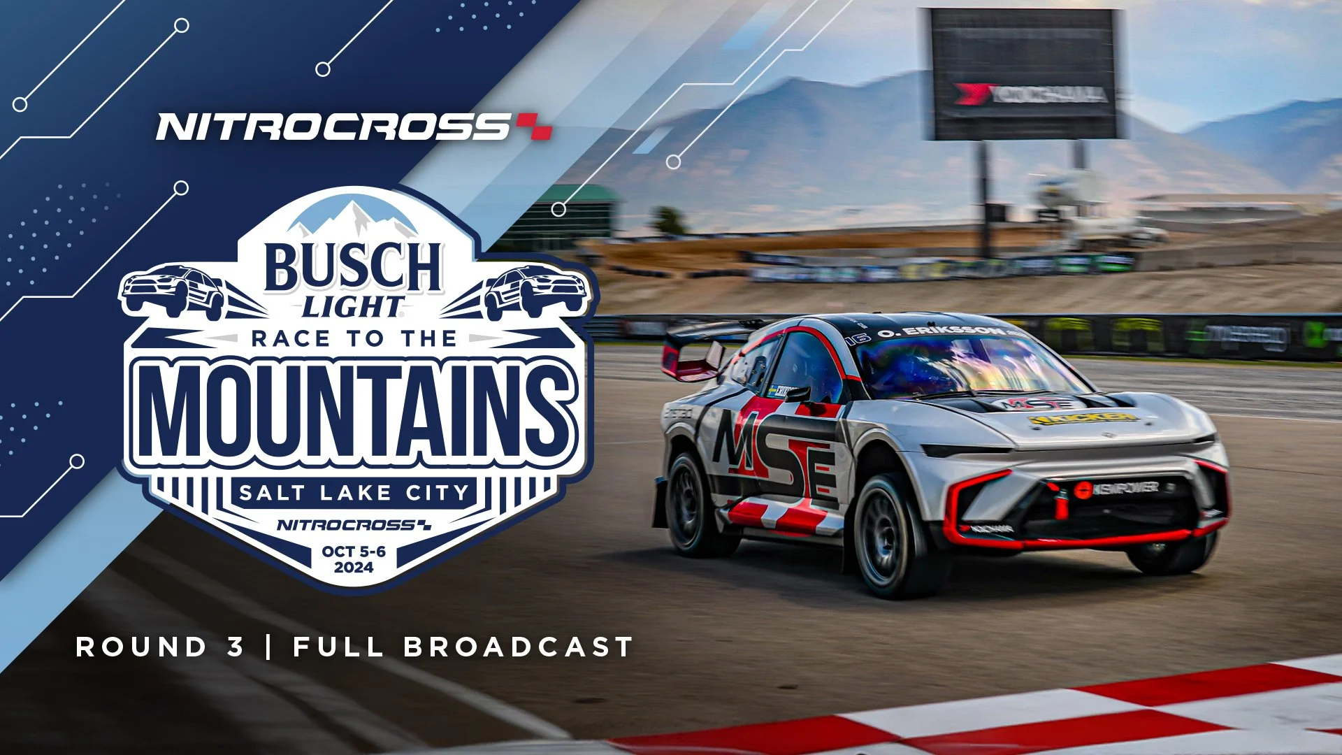 Promotional graphic for the NitroCross Race to the Mountains at Salt Lake City on October 5-6, 2024. Features a Mazda race car on a dirt track with mountains in the background and a digital billboard. The graphic includes the race event details and a Nissan logo.