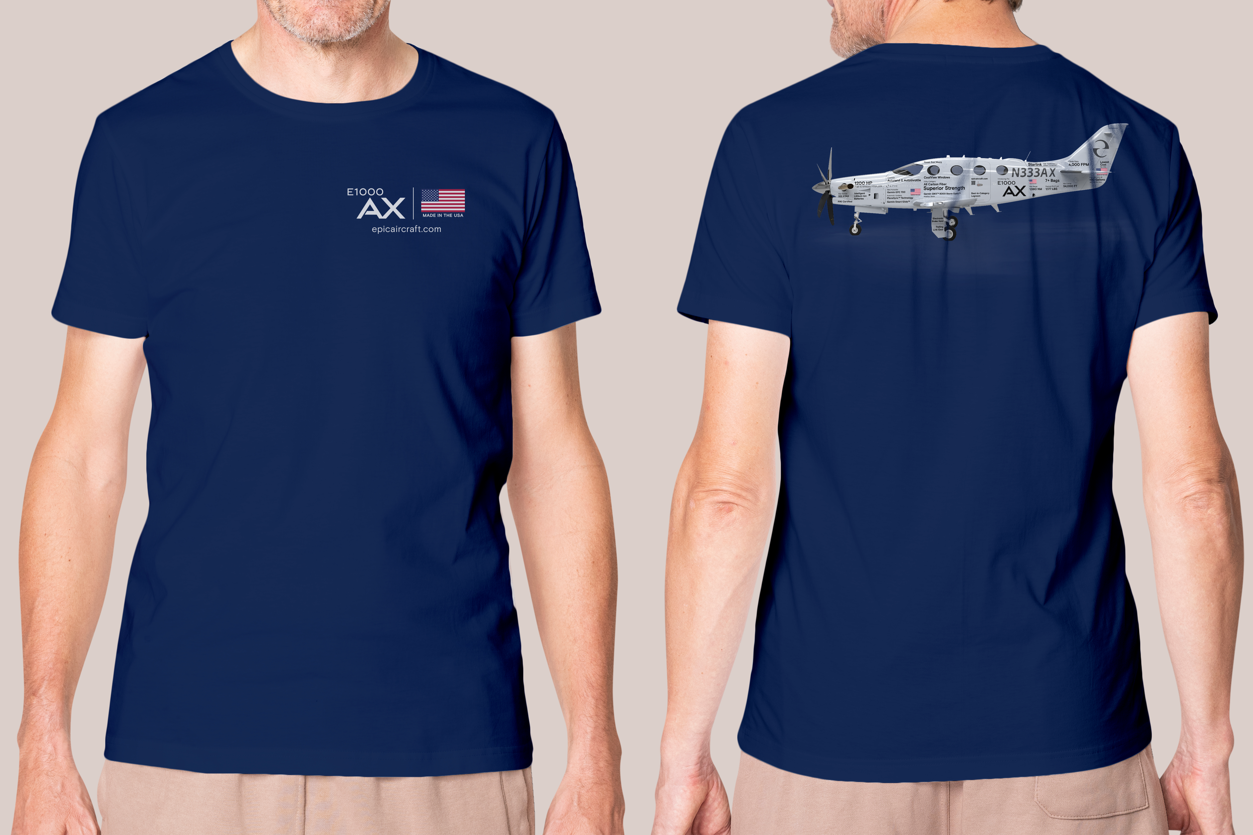 Blue T-shirt with airplane graphic on back and aviation logo on front