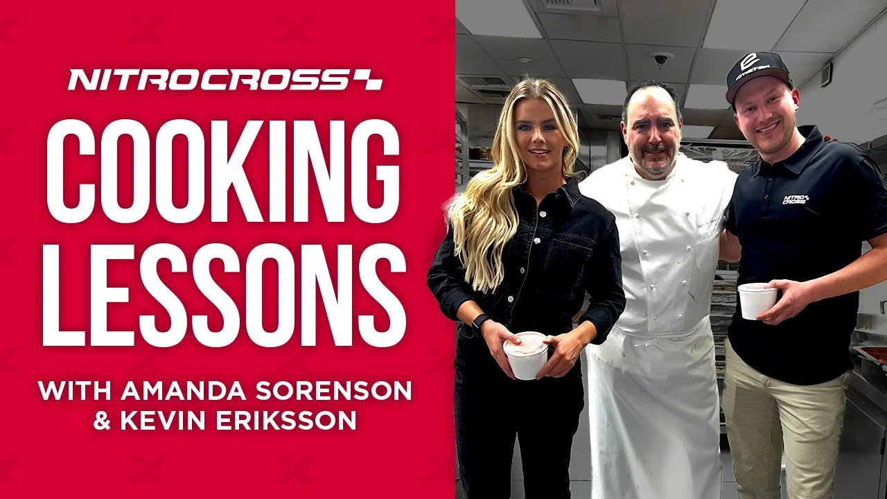 Promotional graphic for Nitrocross Cooking Lessons featuring Amanda Sorenson and Kevin Eriksson, with a photo of three people in a professional kitchen, two holding bowls and one wearing a chef's coat.
