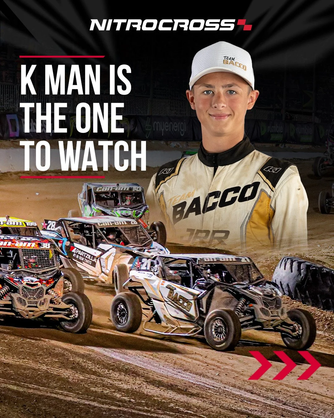 Image of a young race car driver in a cream-colored racing suit with black and gold accents, standing on a dirt track with racing mini cars and an athlete in the background. The text reads 'Nitrocross: K Man is the one to watch'.