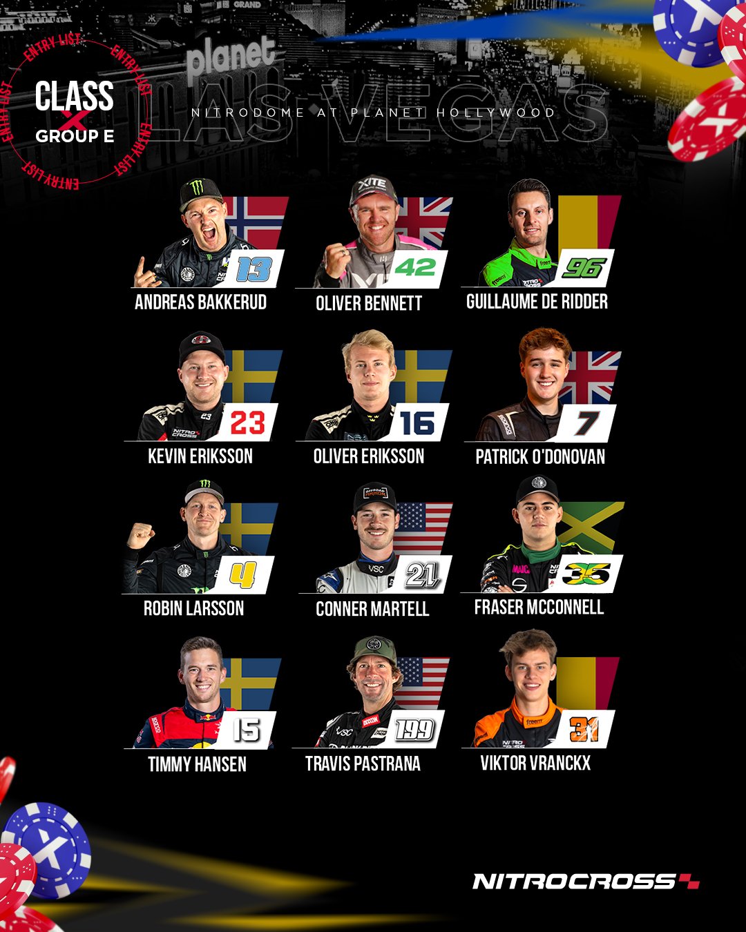NitroCross racing team roster at Planet Hollywood, featuring 12 drivers with their names, numbers, and flag backgrounds, including Andreas Bakkerud, Oliver Bennett, Guillaume de Ridder, Kevin Eriksson, Oliver Eriksson, Patrick O'Donovan, Robin Larsson, Conner Martell, Fraser McConnell, Timmy Hansen, Travis Pastrana, and Viktor Vranckx.
