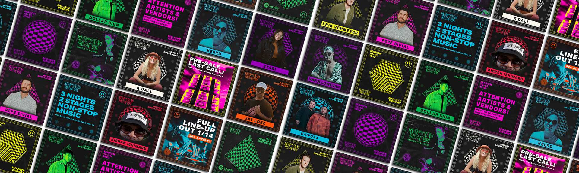 A digital collage of colorful promotional posters for a music event, featuring artist photos, event details, and vibrant graphic designs.