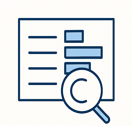 Icon of a document with a magnifying glass labeled 'C' examining it, representing document review or analysis.