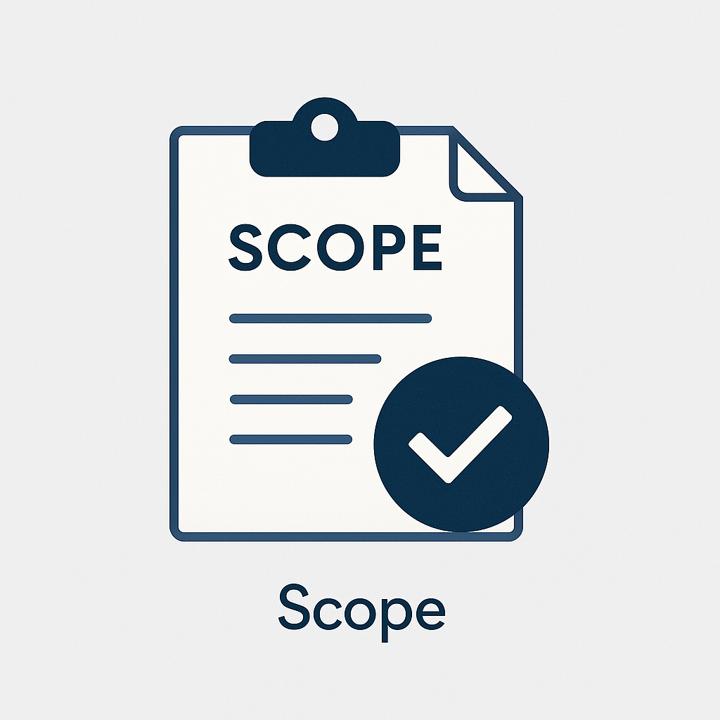 Icon of a clipboard with a document labeled 'SCOPE' and a checkmark, indicating approval or completion.