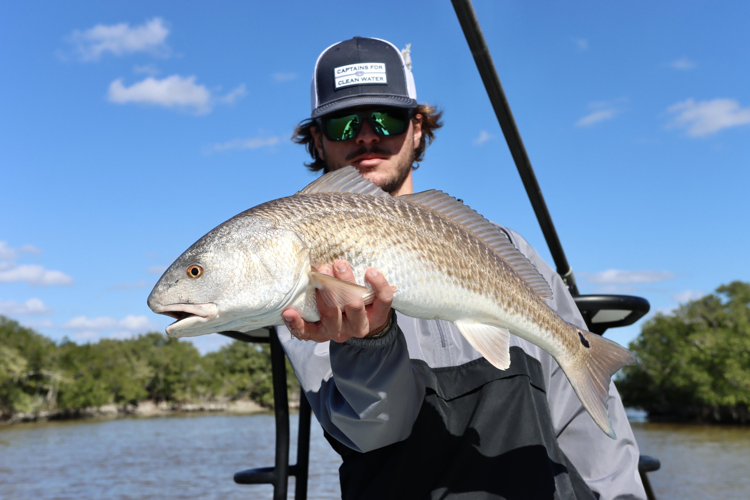 A man wearing sunglasses and a cap holding a large fish on a boat during daytime with a blue sky and trees in the background.