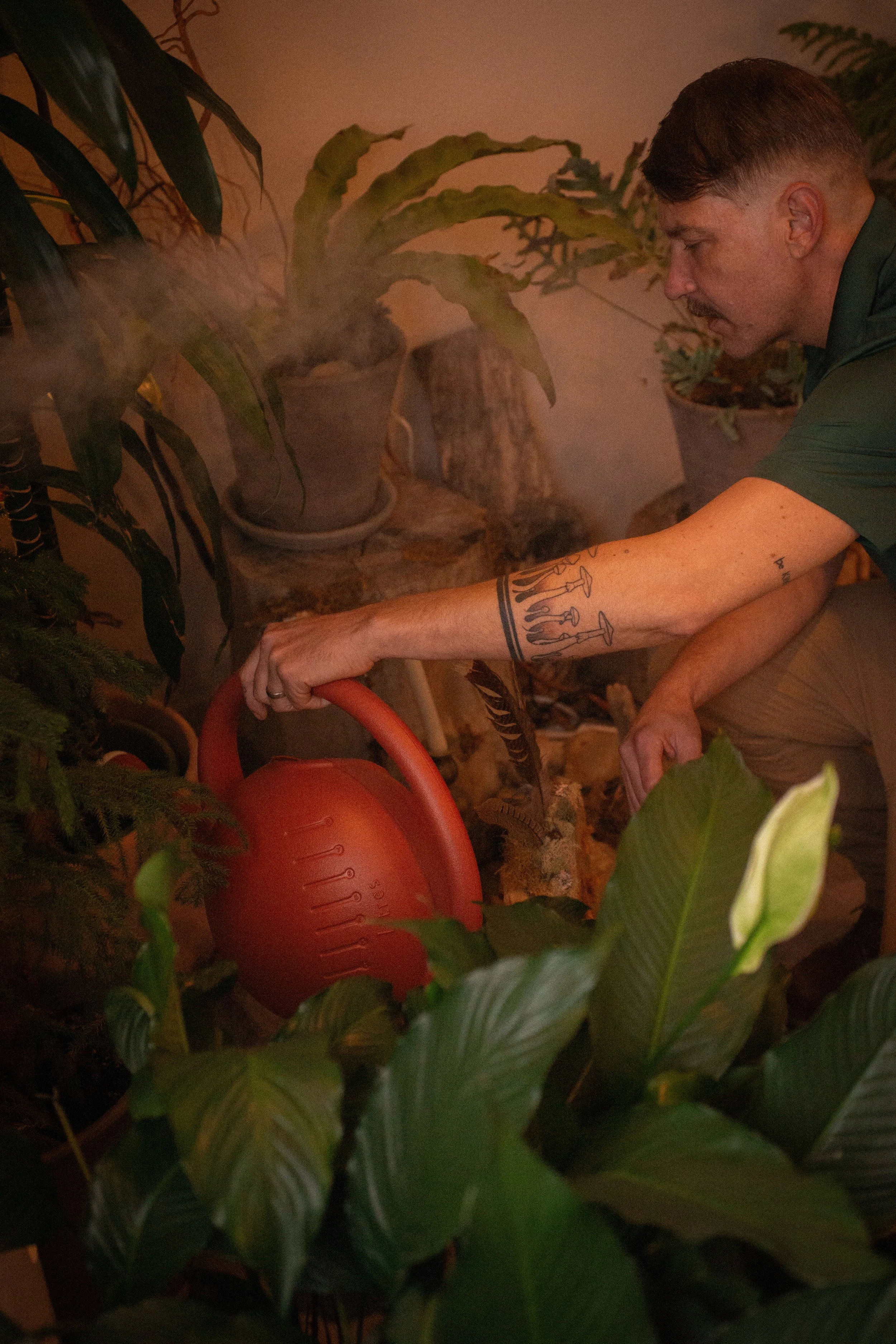 A man watering plants indoors with a red watering can.