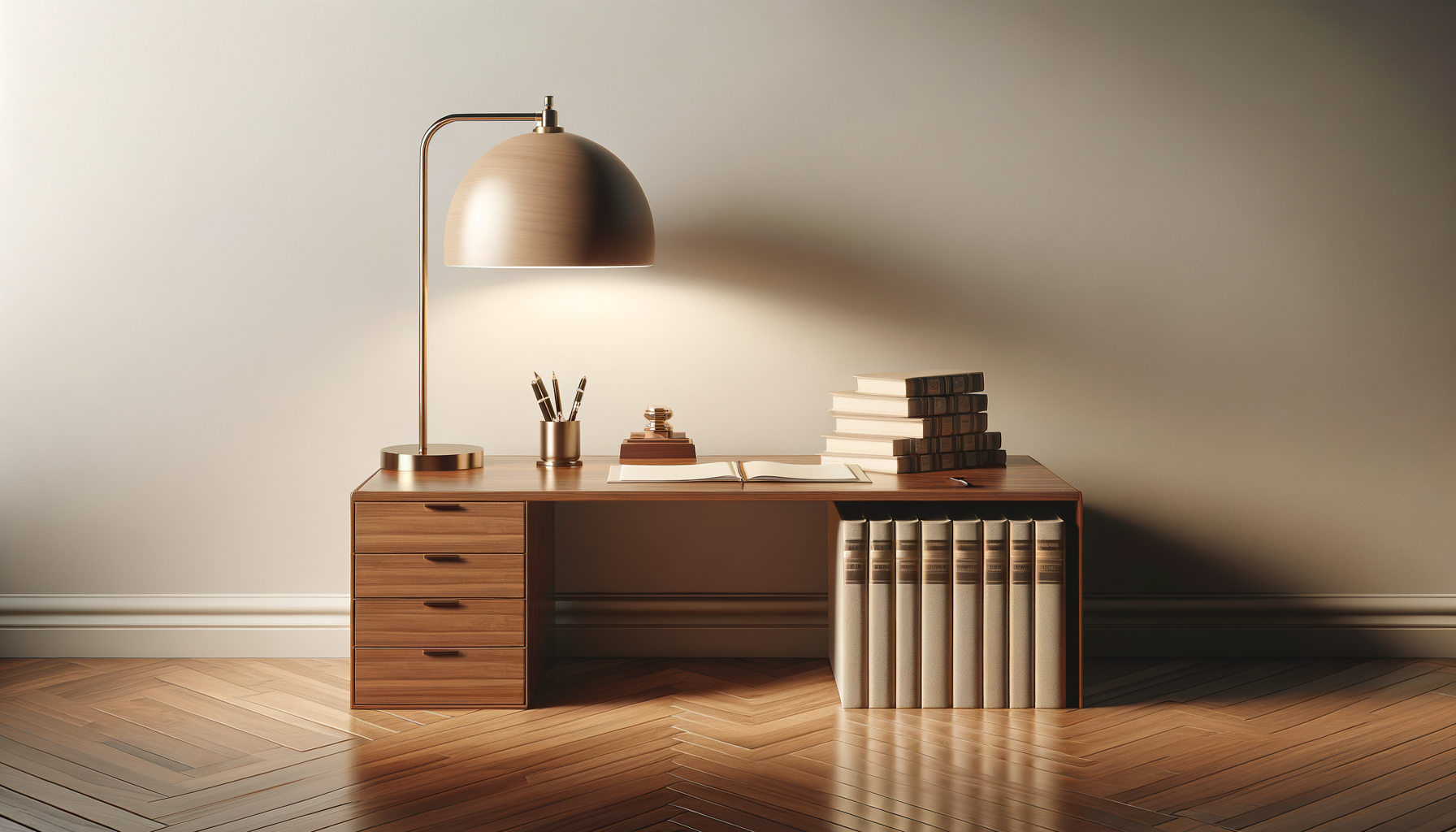 Wooden desk with desk lamp, pencils, and stacked books next to open notebook, set against plain wall and hardwood floor.