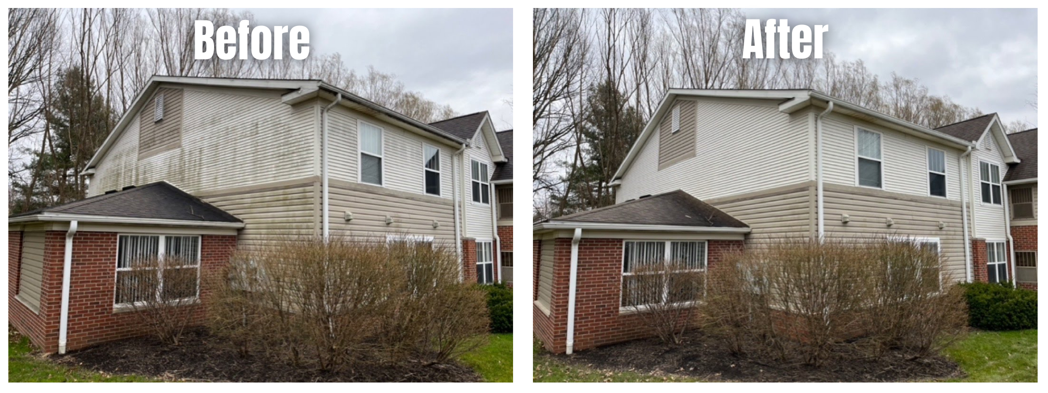Before and after images of a house siding cleaning, showing the house's exterior with brown dirt and mold in the 'Before' image and a clean, bright siding in the 'After' image.