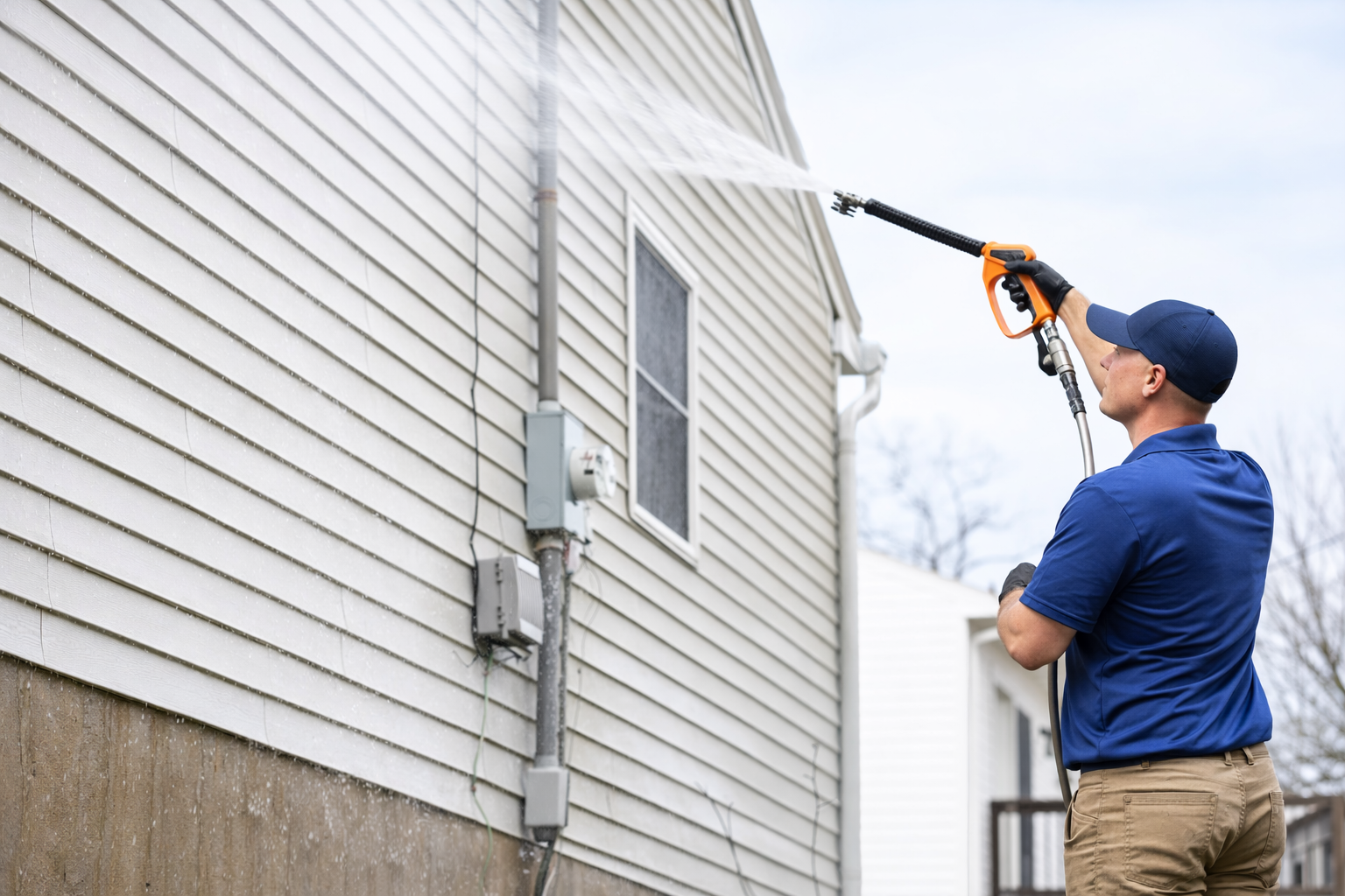 A man in a blue shirt and cap pressure washing the side of a house with beige vinyl siding.