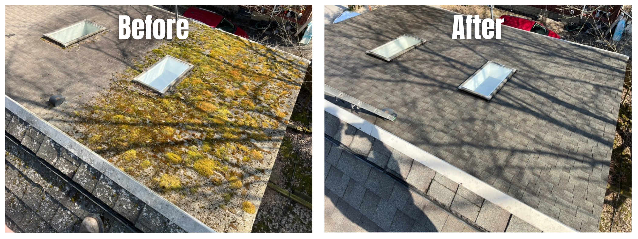 Side-by-side comparison of a roof before and after cleaning, with moss, dirt, and debris removed in the after image.