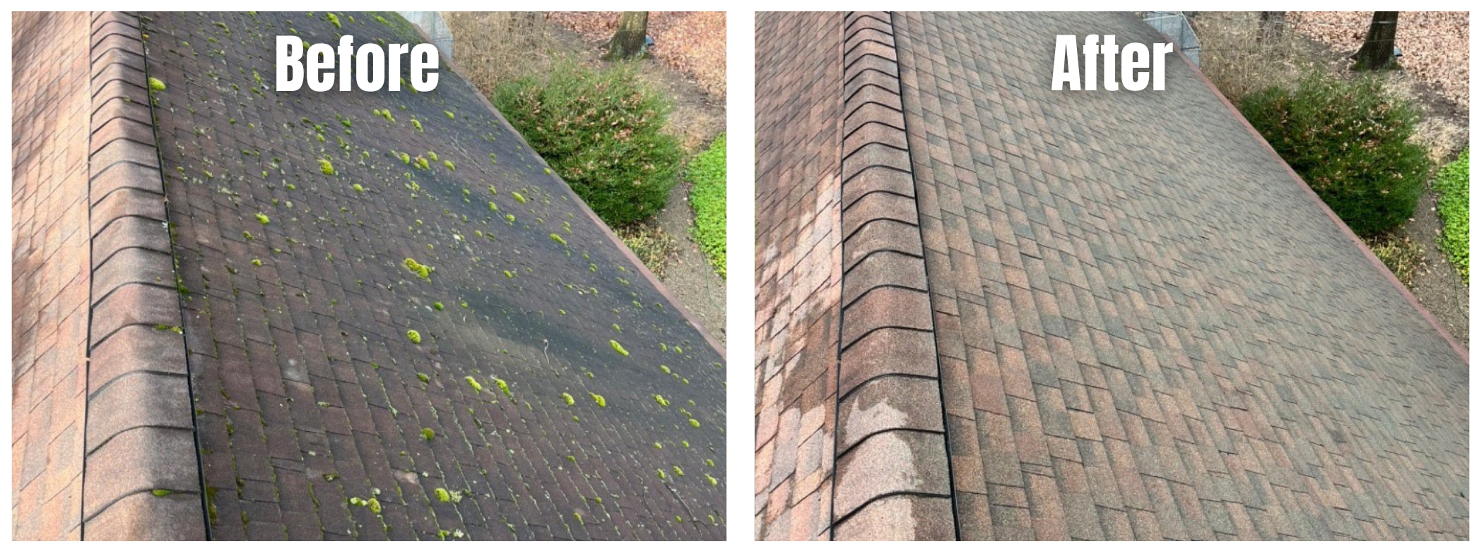 Comparison of a roof before and after cleaning. The 'before' side shows moss, dirt, and green growth on the shingles. The 'after' side shows a clean, clear roof with no moss or debris.