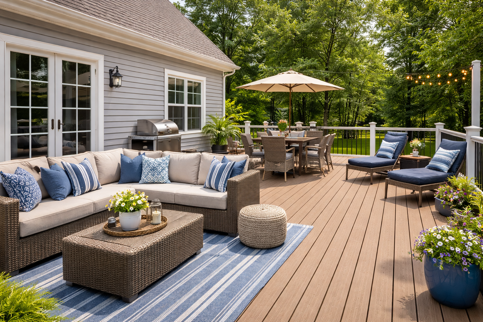 A spacious outdoor deck with outdoor furniture including a beige sectional sofa with blue pillows, a round dining table with chairs and a large umbrella, and two blue lounge chairs with pillows, surrounded by potted plants and string lights, with a background of green trees.