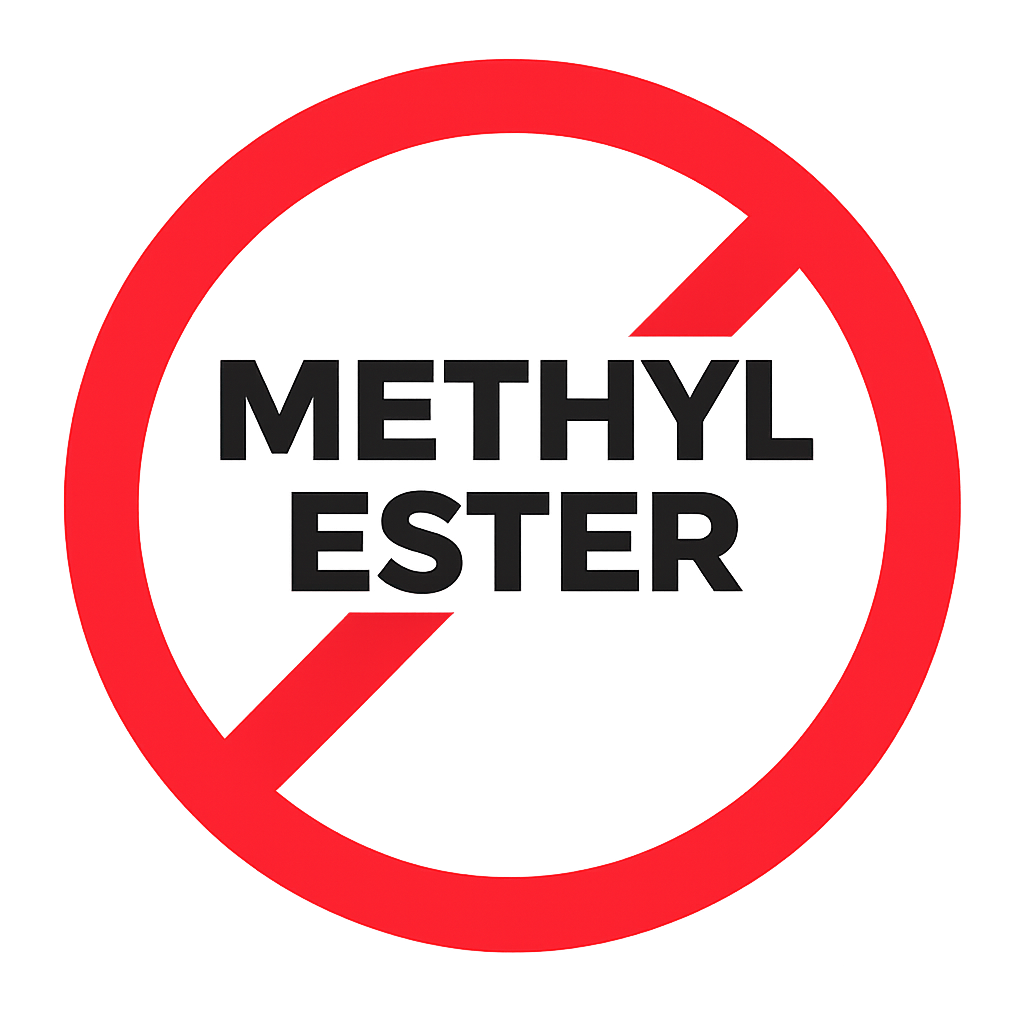 A red prohibition sign with black text inside that reads 'Methanol Ester'.