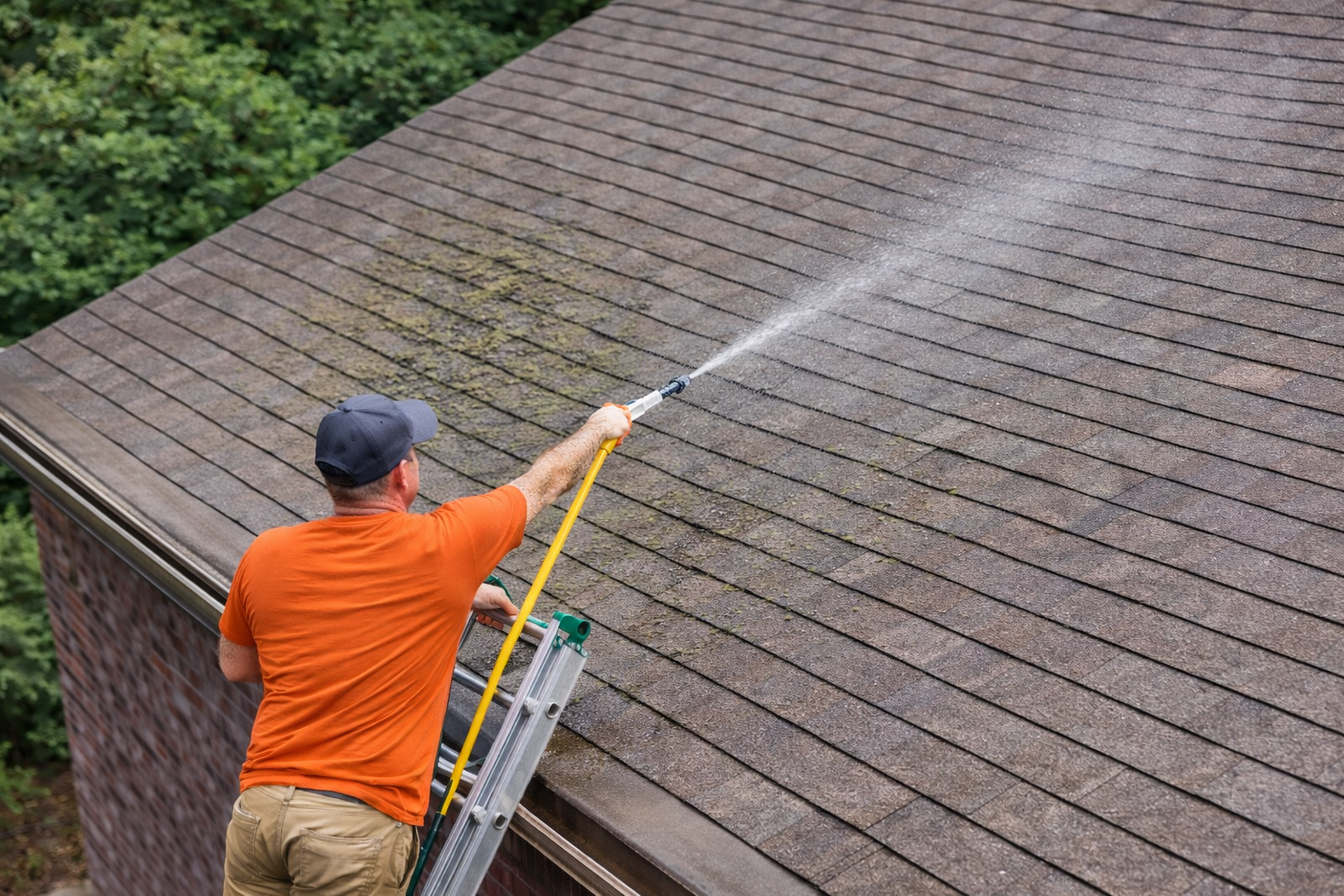 A man wearing an orange shirt and a gray cap is on a ladder, pressure washing a brown shingle roof.