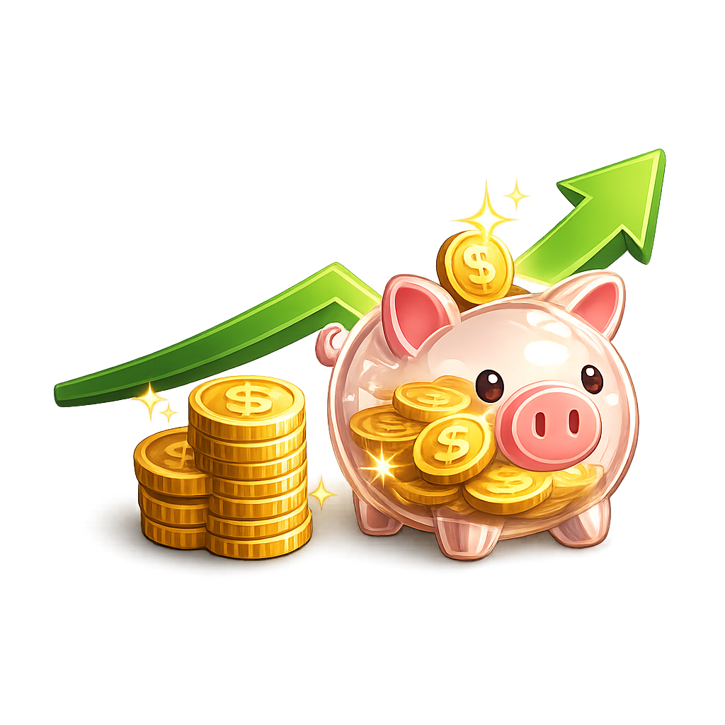 Piggy bank filled with coins, with a green upward trending graph in the background.