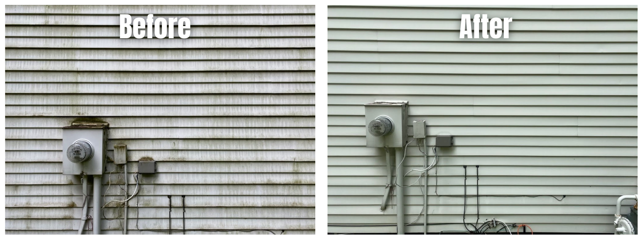 Comparison of a dirty, weathered siding wall with an electrical meter and wiring versus a clean, recently cleaned siding wall with the same electrical setup.