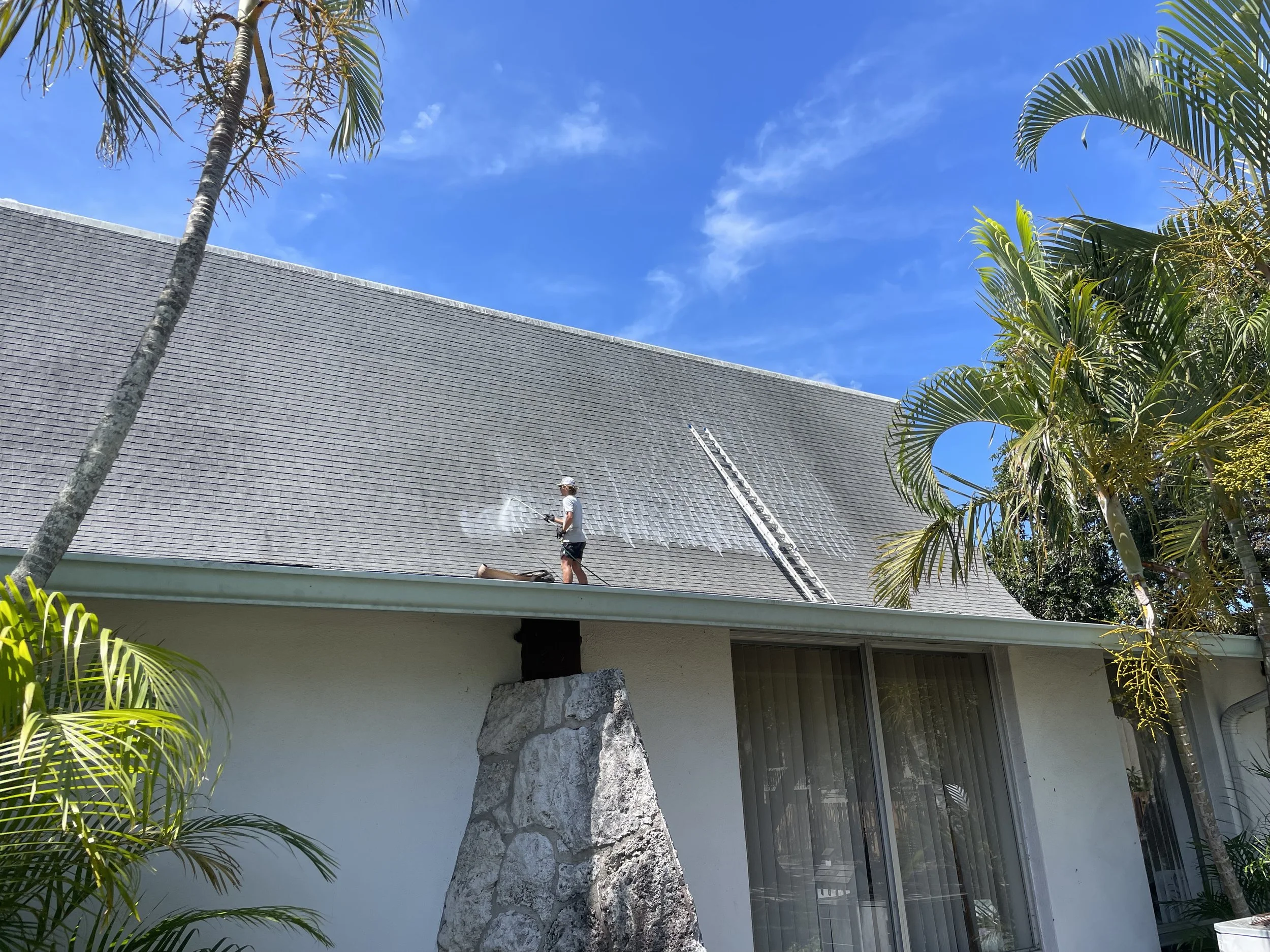 Person cleaning a roof with a hose on a sunny day, surrounded by tropical trees and a house with glass sliding doors.