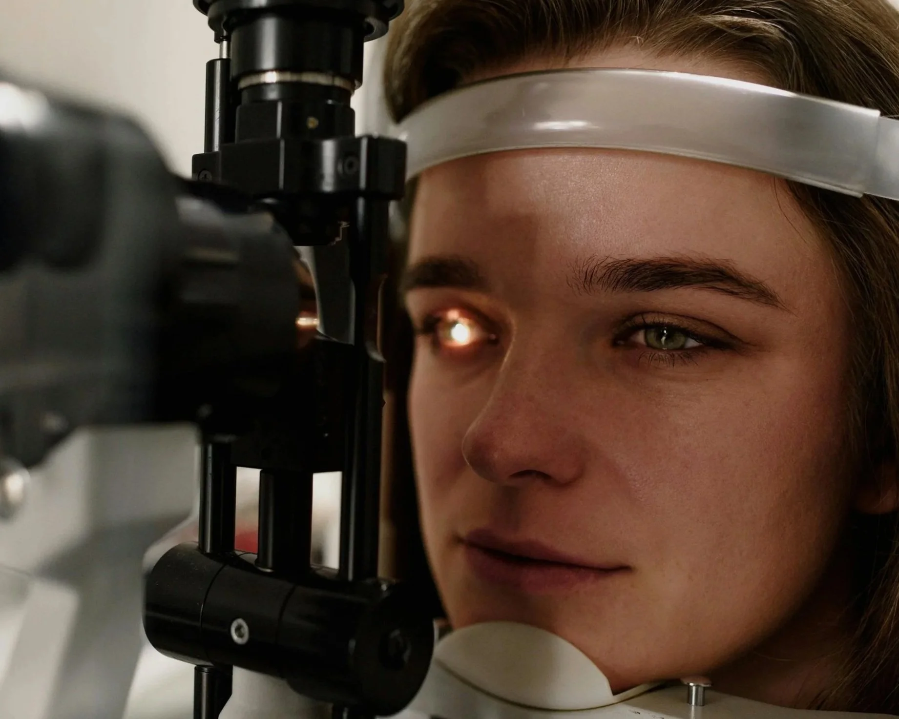 A young woman with green eyes undergoing an eye examination using a slit lamp.