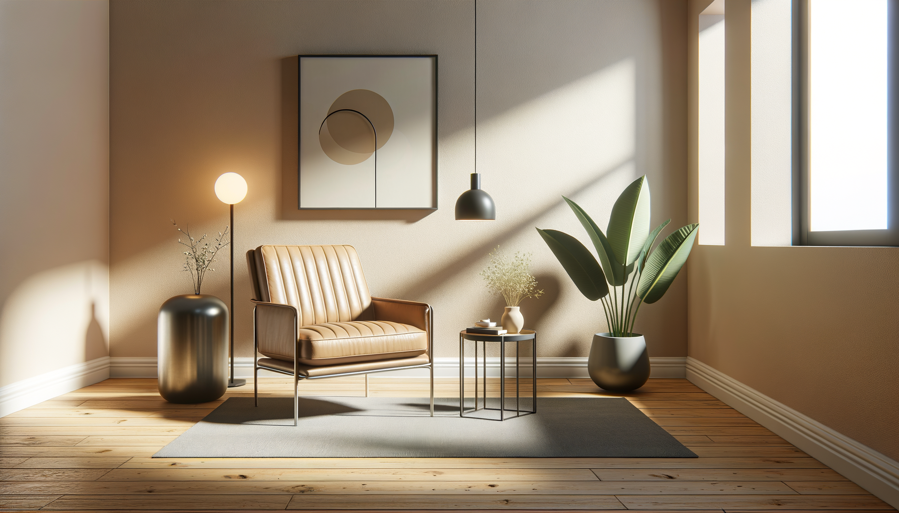 Minimalist living room with a tan leather armchair, small side tables, potted plants, artwork, and sunlight streaming through windows.