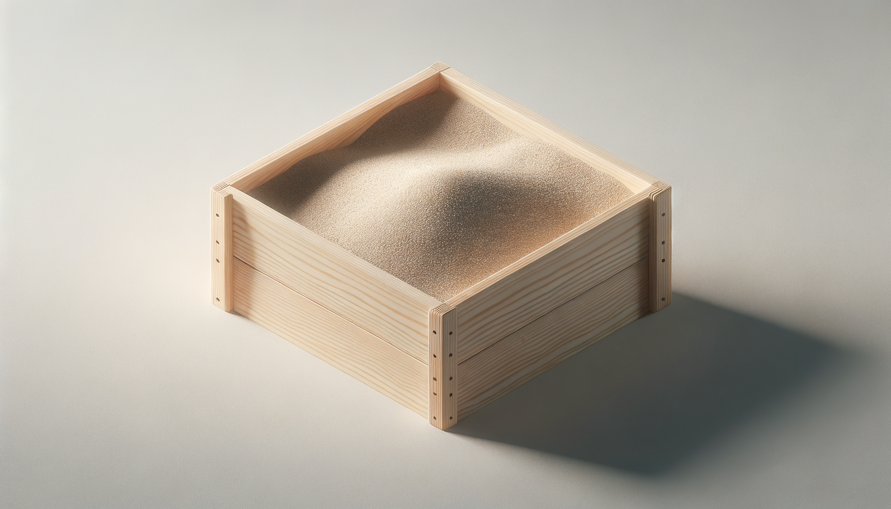 A wooden box with fine sand inside, creating a small wave pattern on the surface.