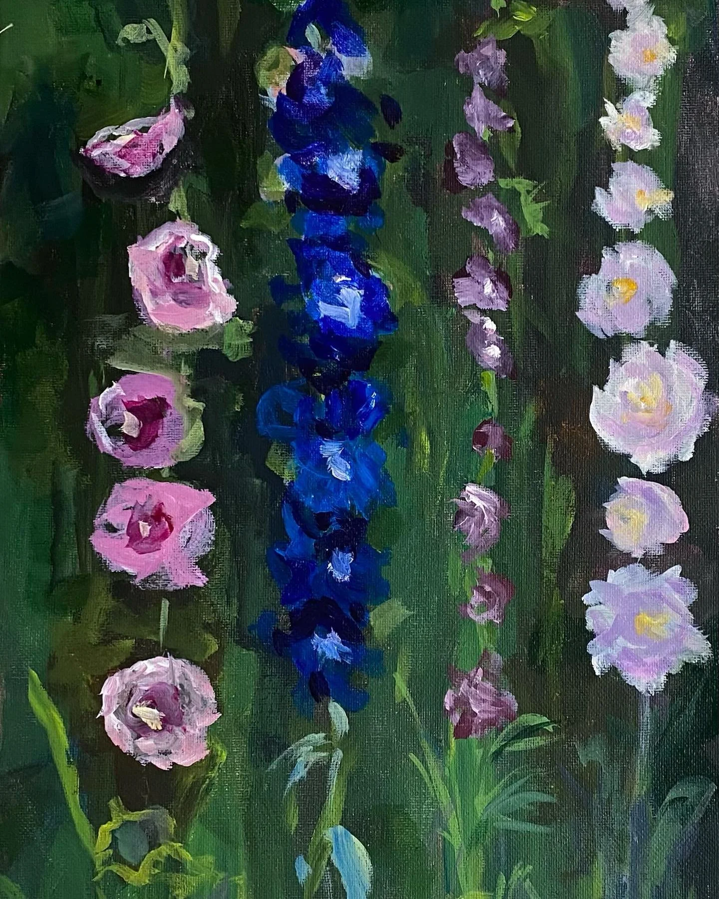 SOLD. "Hollyhocks" 

14 in x 8 in, oil on canvas. 